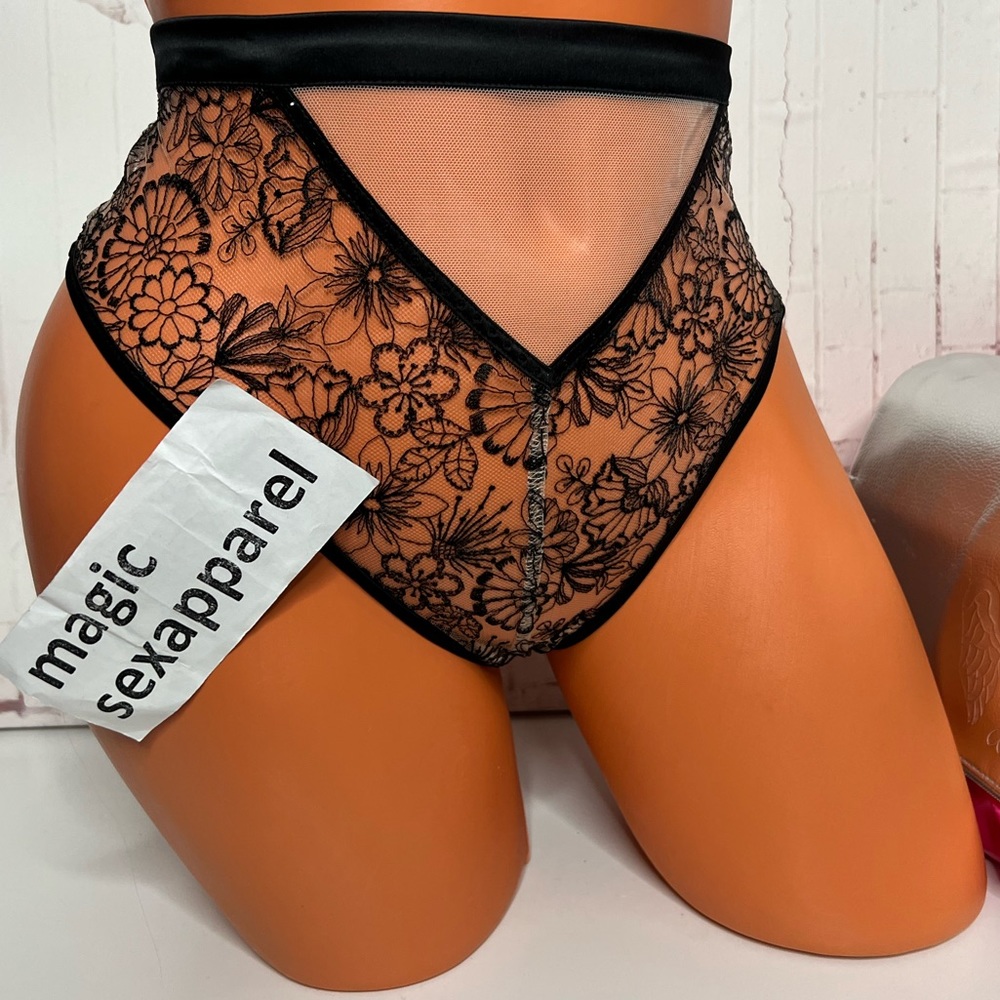 VS LUXE S M L CRYSTAL EMBELLISHED HIGH-WAIST THONG PANTY EMBROIDERY FLORAL MESH